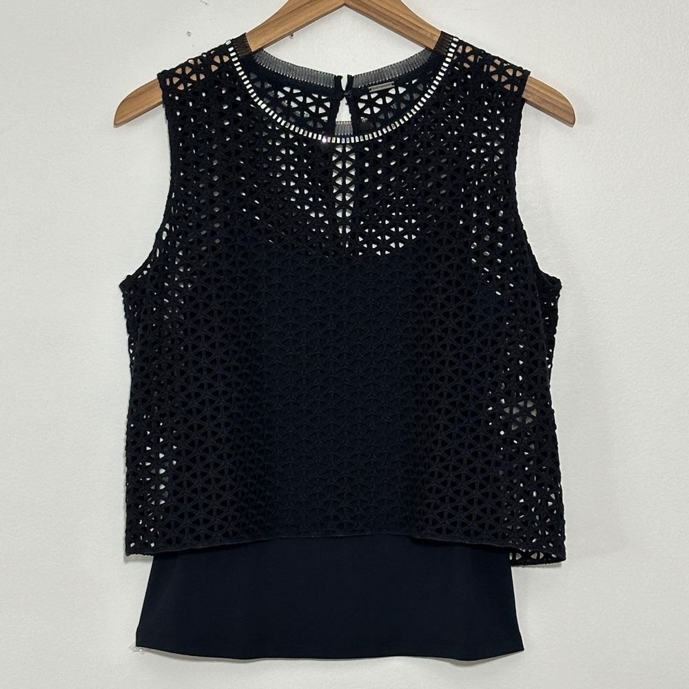 Elie Tahari Womens Top S Black Laser Cut Layer Rhinestones Cocktail Whimsigoth
